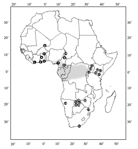 **Figure 3**: Geographic distribution of African elephant populations. Grey shaded areas indicate current forest zone. Site numbers correspond to populations in the table below. From Eggert et al. (2002)..